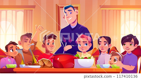 Father serving dinner for kids at home Father serving dinner for kids at home 117410136