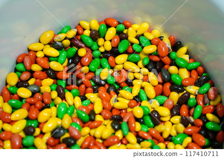 Colorful Sunflower seeds coated with chocolate in a plastic bowl Colorful Sunflower seeds coated with chocolate in a plastic bowl 117410711