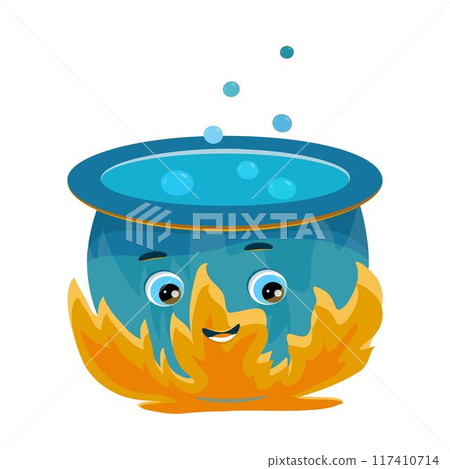 a magical cute smiling Halloween cauldron with bubbling potion and fire. a magical cute smiling Halloween cauldron with bubbling potion and fire. 117410714