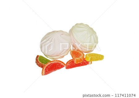 Marshmallow and marmalade on a white background Marshmallow and marmalade on a white background 117411074