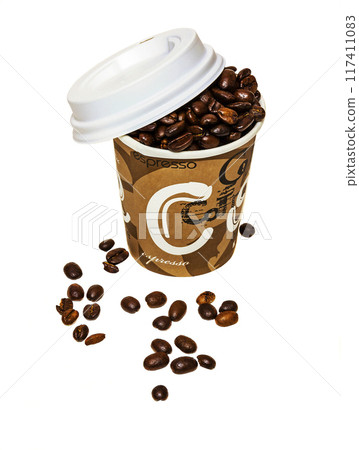 Paper cup of coffee with a plastic cap filled with coffee beans 117411083