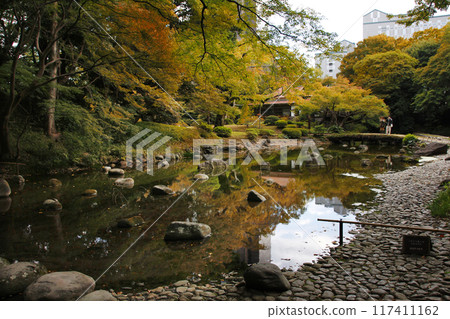 Autumn in a Japanese garden with red leaves. Enjoy the tranquility of autumn while strolling around the pond. Autumn in a Japanese garden with red leaves. Enjoy the tranquility of autumn while strolling around the pond. 117411162