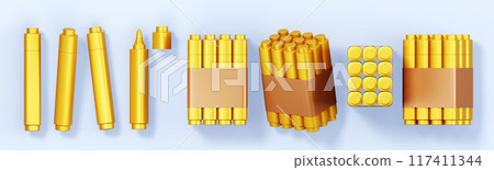 3d set of gold markers or felt-tip pens with craft paper wrap tape label. Render yellow higlighters for sketching and drawing in brown carton package box. School or office stationery. 3D illustration 117411344
