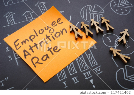 Diagrams with the text employee attrition rate and figures. Workforce analysis and turnover metrics. 117411402
