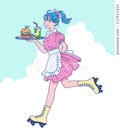 A waitress on roller skates delivering food 117411422
