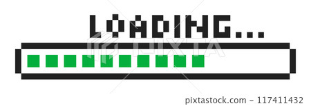 Pixel loading bar y2k retro 8 bit interface game, progress level, download status frame. Pixel title text Loading. Process indicator. 117411432