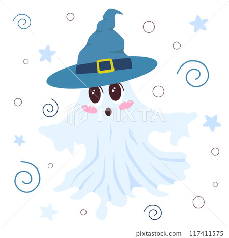 Cute ghost with big eyes kawaii and a witch hat, perfect for Halloween designs. Ideal for decorating invitations, creating Halloween-themed patterns, and adding a playful touch to seasonal projects. Cute ghost with big eyes kawaii and a witch hat, perfect for Halloween designs. Ideal for decorating invitations, creating Halloween-themed patterns, and adding a playful touch to seasonal projects. 117411575