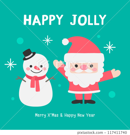 Kids hand drawn Merry Christmas and happy new year greeting card with cute Santa Claus and snowman 117411740