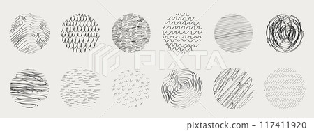 Textures set, collection hand drawn abstract monochrome brush marks. Doodle shapes spots, drops, curves and lines. Contemporary modern trendy Textures set, collection hand drawn abstract monochrome brush marks. Doodle shapes spots, drops, curves and lines. Contemporary modern trendy 117411920