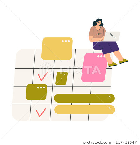 Multitasking Woman Character at Laptop Doing Multiple Task Vector Illustration Multitasking Woman Character at Laptop Doing Multiple Task Vector Illustration 117412547