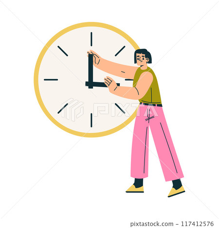 Multitasking Woman Character Doing Multiple Task Turn Arrow on Clock Dial Vector Illustration 117412576