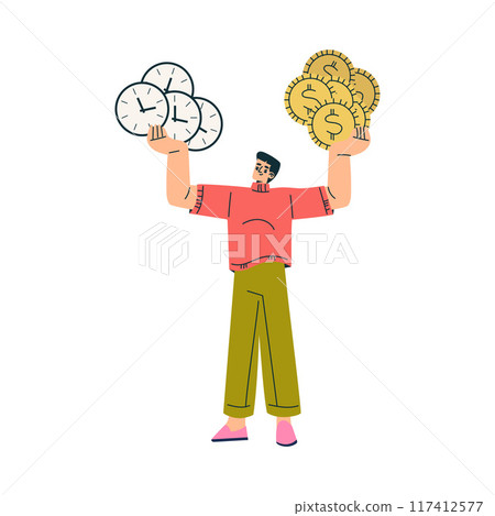 Multitasking Man Character Doing Multiple Task Hold Clock and Dollar Coin Vector Illustration 117412577