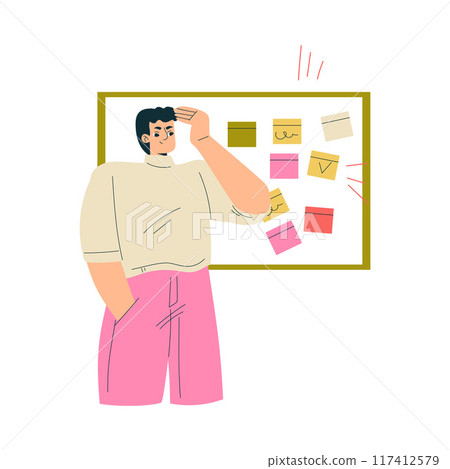 Multitasking Man Character Doing Multiple Task Look at Board with Sticker Vector Illustration 117412579