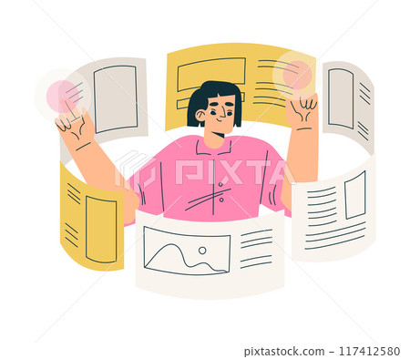 Multitasking Woman Character Doing Multiple Task in App Vector Illustration 117412580