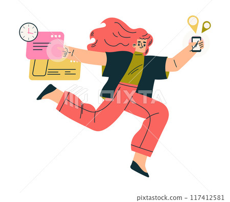 Multitasking Woman Character Doing Multiple Task on Smartphone App Vector Illustration 117412581