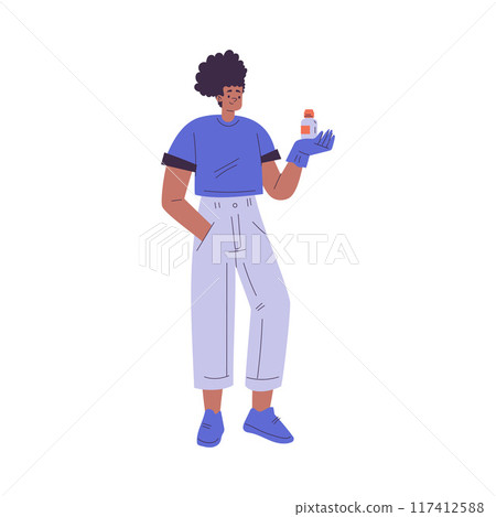 African American Doctor Woman Character Hold Vial Working in Hospital Vector Illustration 117412588
