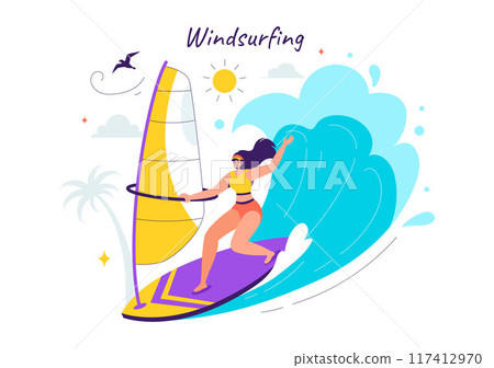 Vector Illustration of Windsurfing with a Person Standing on a Sailing Boat, Holding the Sail, in an Extreme Water Sport in Flat Cartoon Background 117412970