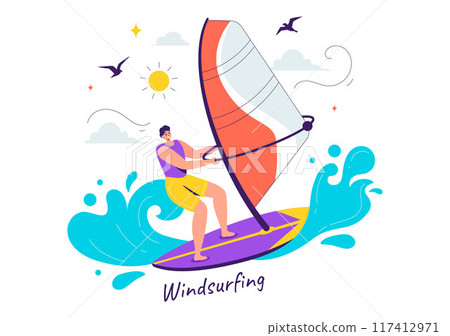 Vector Illustration of Windsurfing with a Person Standing on a Sailing Boat, Holding the Sail, in an Extreme Water Sport in Flat Cartoon Background 117412971