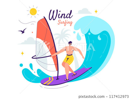 Vector Illustration of Windsurfing with a Person Standing on a Sailing Boat, Holding the Sail, in an Extreme Water Sport in Flat Cartoon Background 117412973