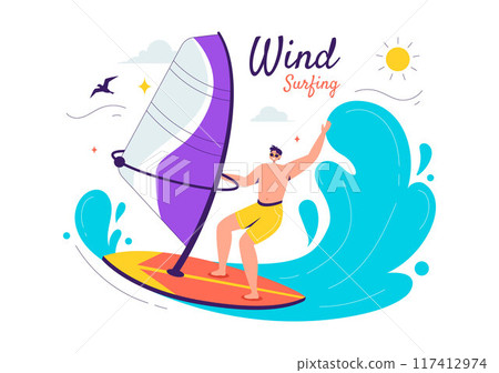 Vector Illustration of Windsurfing with a Person Standing on a Sailing Boat, Holding the Sail, in an Extreme Water Sport in Flat Cartoon Background 117412974