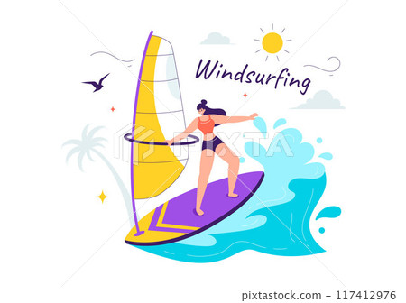 Vector Illustration of Windsurfing with a Person Standing on a Sailing Boat, Holding the Sail, in an Extreme Water Sport in Flat Cartoon Background Vector Illustration of Windsurfing with a Person Standing on a Sailing Boat, Holding the Sail, in an Extreme Water Sport in Flat Cartoon Background 117412976