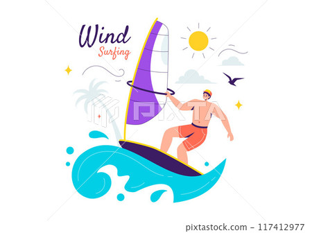 Vector Illustration of Windsurfing with a Person Standing on a Sailing Boat, Holding the Sail, in an Extreme Water Sport in Flat Cartoon Background 117412977