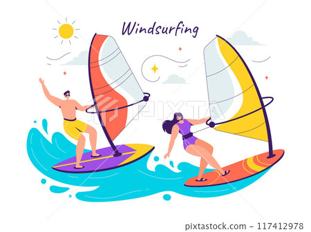 Vector Illustration of Windsurfing with a Person Standing on a Sailing Boat, Holding the Sail, in an Extreme Water Sport in Flat Cartoon Background 117412978
