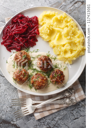 Portion of meatballs with creamy sauce with mashed potatoes and beet salad close-up in a plate on the table. Vertical top view Portion of meatballs with creamy sauce with mashed potatoes and beet salad close-up in a plate on the table. Vertical top view 117413081