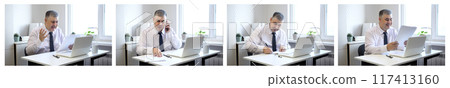 Man working in the office. Businessman at work. Set of images on the theme of office work. Man working in the office. Businessman at work. Set of images on the theme of office work. 117413160