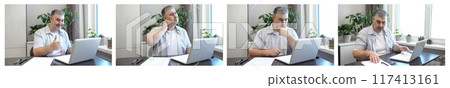Man working on computer. Set of images. Office or remote work, freelance. Man working on computer. Set of images. Office or remote work, freelance. 117413161