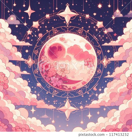 Full moon and blooming flowers in the night sky 117413232