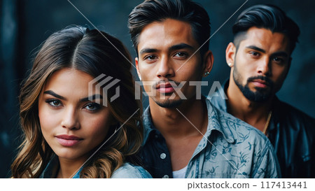 Close-up portrait of three young adults with serious expressions, standing close together against a dark background. 117413441