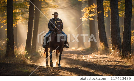 Man on a brown horse riding through a sunlit forest path, wearing a helmet and casual outfit. 117413489