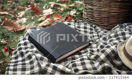 Picnic in an Autumn park. Beautiful scotch pattern blanket is laid on the ground with a book with blank black cover and a basket beside. AI generated. 117413564