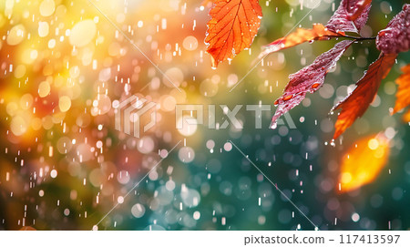 Beautiful cinematic scene of Autumn forest with rain falling on sunlight bokeh background. Orange, red and green color tone. AI generated. 117413597
