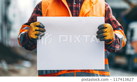 Close up of a construction worker hold a blank white banner on a construction site background. AI generated. 117413627