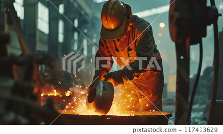 A labor is working hard at a factory. Labor wears an orange construction worker clothes. AI generated. 117413629