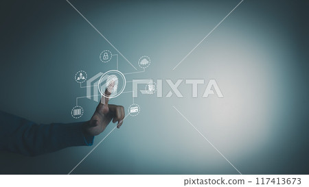 Fingerprint scanner to access information, verify to authentication, touching screen to login security, Internet of things, cloud computing, Internet connection, shopping online and cashless society Fingerprint scanner to access information, verify to authentication, touching screen to login security, Internet of things, cloud computing, Internet connection, shopping online and cashless society 117413673