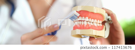 Doctor stomatologist showing how to brush teeth properly Doctor stomatologist showing how to brush teeth properly 117413676