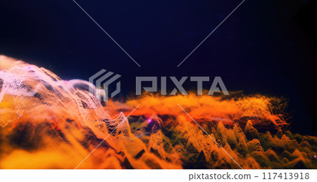 Abstract moving futuristic landscape of particles and dots of energy magic with glow and blur effect, abstract background Abstract moving futuristic landscape of particles and dots of energy magic with glow and blur effect, abstract background 117413918