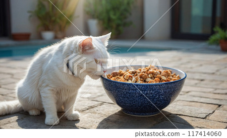 A white cat enjoys a bowl of food in a sunny outdoor setting, showcasing a relaxed and content moment. 117414060