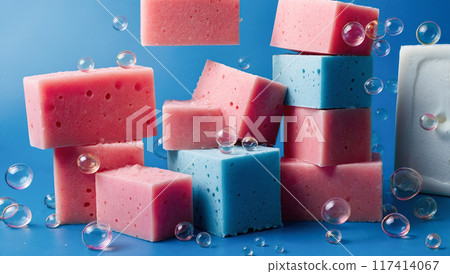 Two-tone sponges in pink and blue, neatly stacked, surrounded by bubbles against a blue background, emphasizing a clean and organized space. 117414067