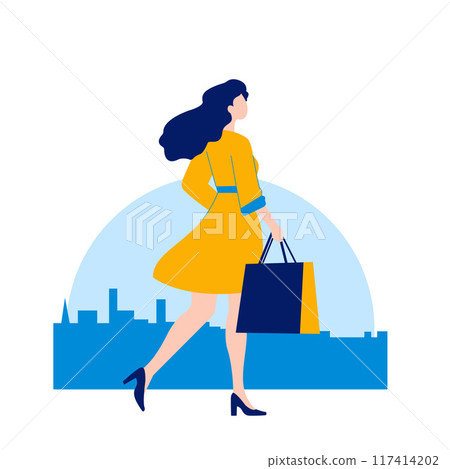Flat Design Illustration of Beautiful Woman Holding Shopping Paper Bag with Cityscape Background 117414202