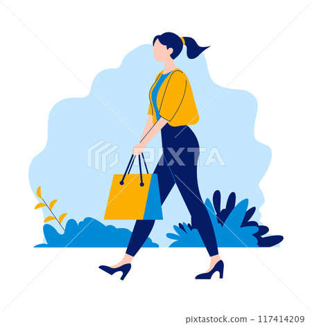 Flat Design Illustration of Beautiful Woman Walking in the Park While Holding Shopping Paper Bag 117414209