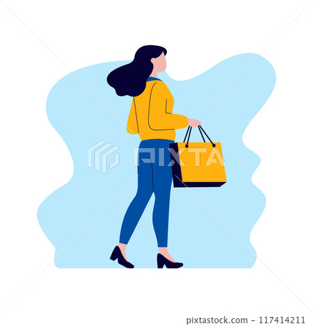 Flat Design Illustration of Beautiful Woman Character Holding Shopping Paper Bag 117414211
