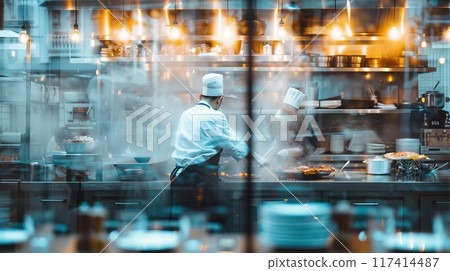 Blurred kitchen restaurant with people working behind glass wall, Chef and sous chef , generated AI 117414487