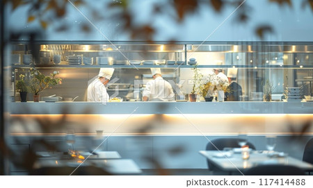 Blurred kitchen restaurant with people working behind glass wall, Chef and sous chef , generated AI 117414488