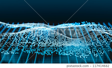 Abstract background. Blue particle with resembles wave floating on grid pattern. Can be used in background elements related to technology or energy. Abstract background. Blue particle with resembles wave floating on grid pattern. Can be used in background elements related to technology or energy. 117414682