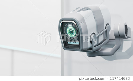 Security CCTV camera. Scan the area for surveillance purposes. 117414683