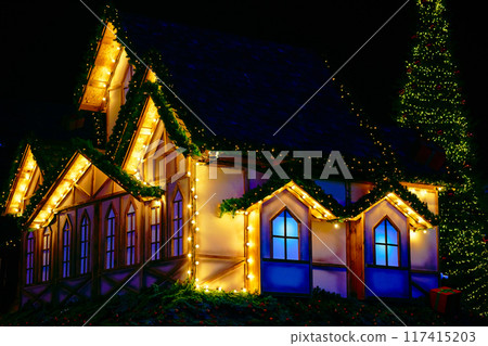 Layout, decoration.Night glowing lighting decoration house,illumination 117415203